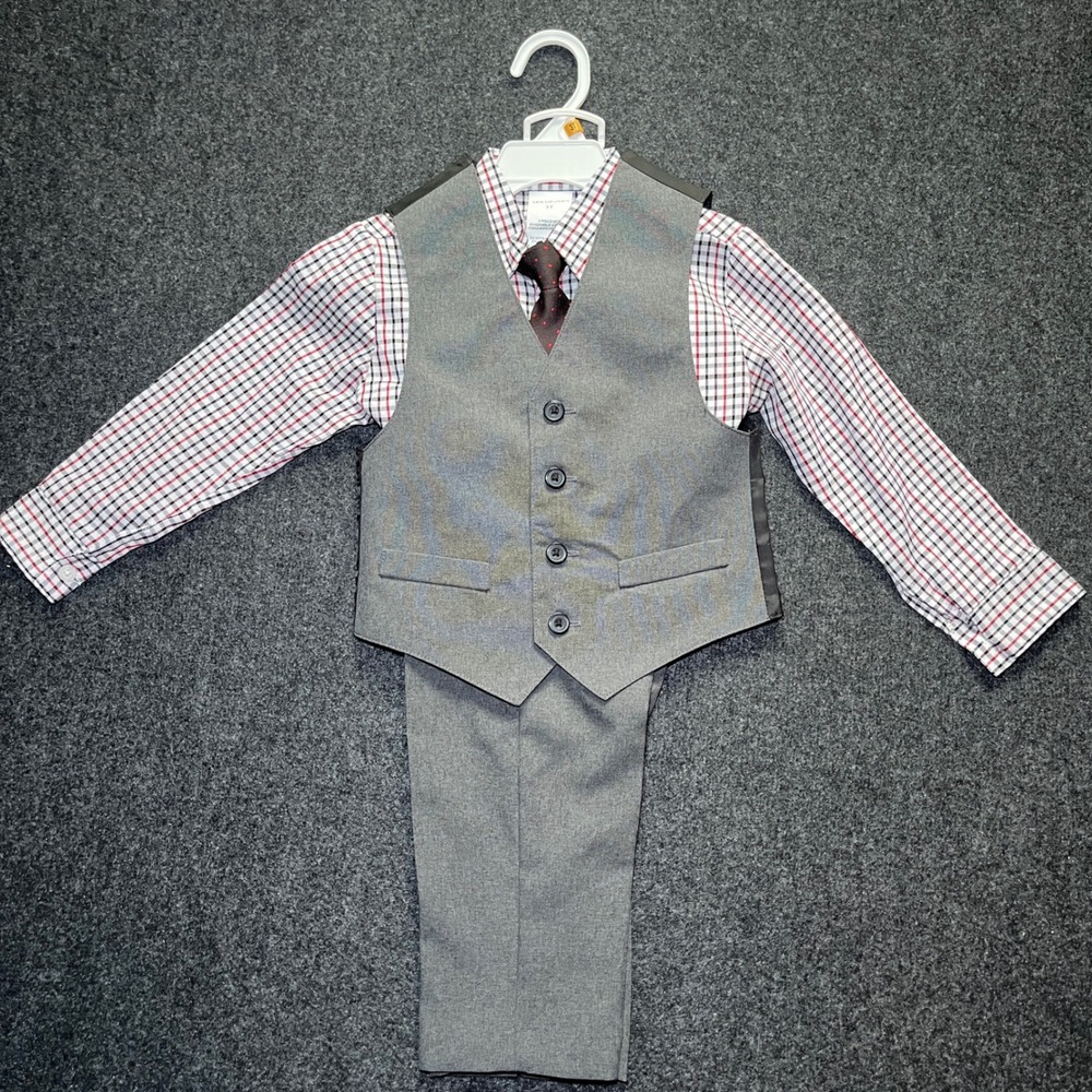 Van Heusen 3-Piece Suit Set Toddler Boys 3T Grey Plaid Vest Pants Tie